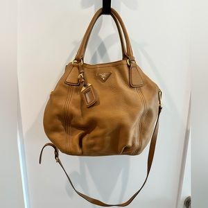 Prada Caramel Pebbled Leather Hobo Purse Bag